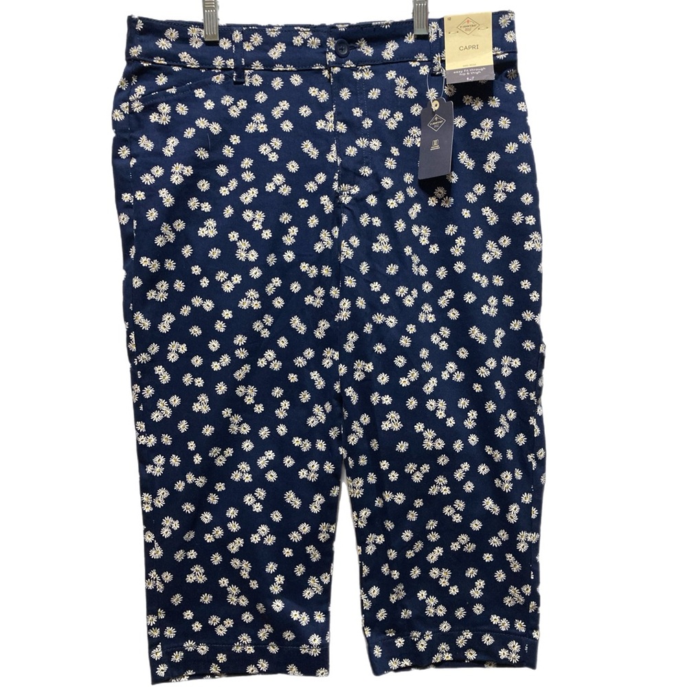 St. John's Bay Navy Daisy Floral Mid-Rise Capri Size 12 NWT 13024